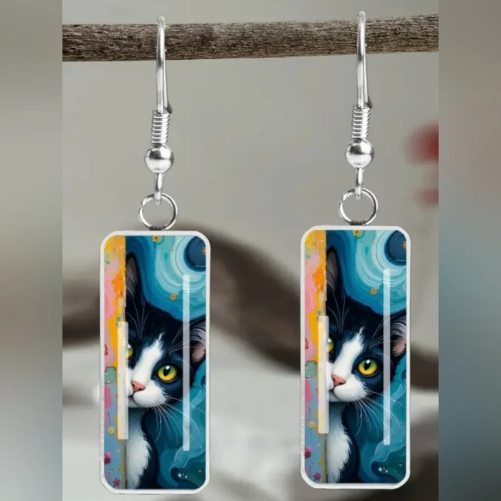 NEW!Artsy Y3K Maximalism Colorful Animal‎ Cat Crystal Glass Earrings-(#319)
